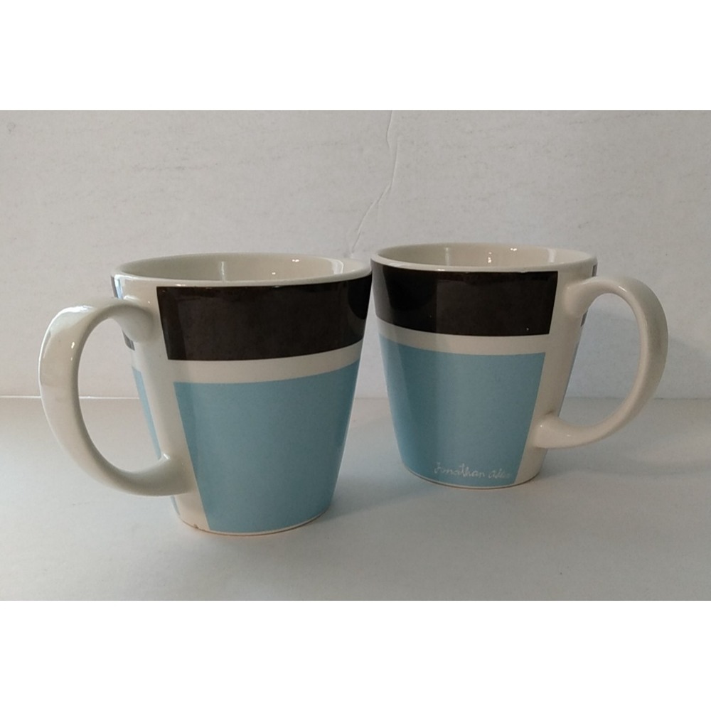 2 Jonathan Adler Palm Beach Basics Happy Home Blue Brown Stripe Coffee Mugs